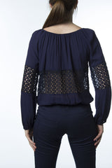 dark blue top with lace sheer panels