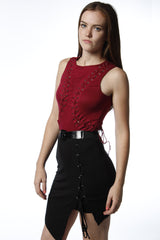 red wine colored lace tie up body suit