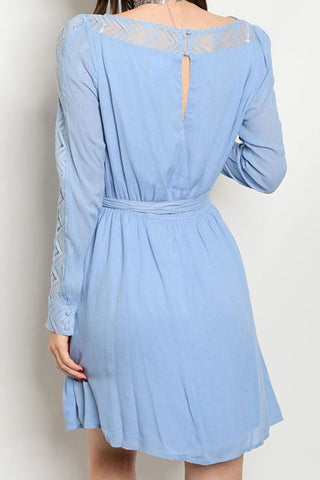 Sky Blue Curved Waist Belted Dress-315