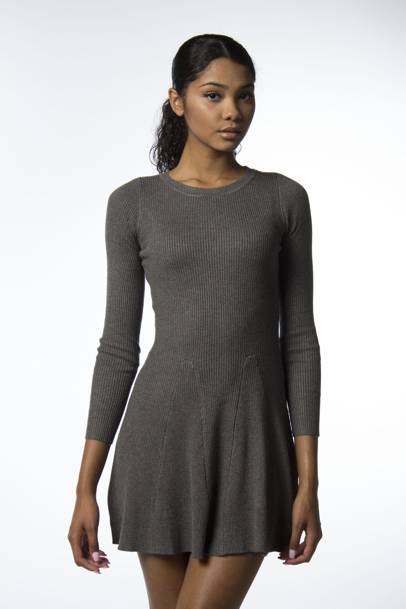 grey sweater dress with flare at bottom