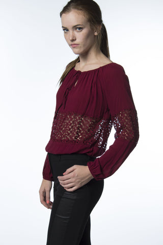 Burgundy Red Blouse Lace Midriff-718