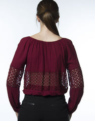 maroon laced panel long sleeve top