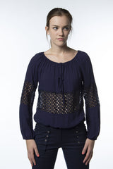navy blue top with see through lace panels