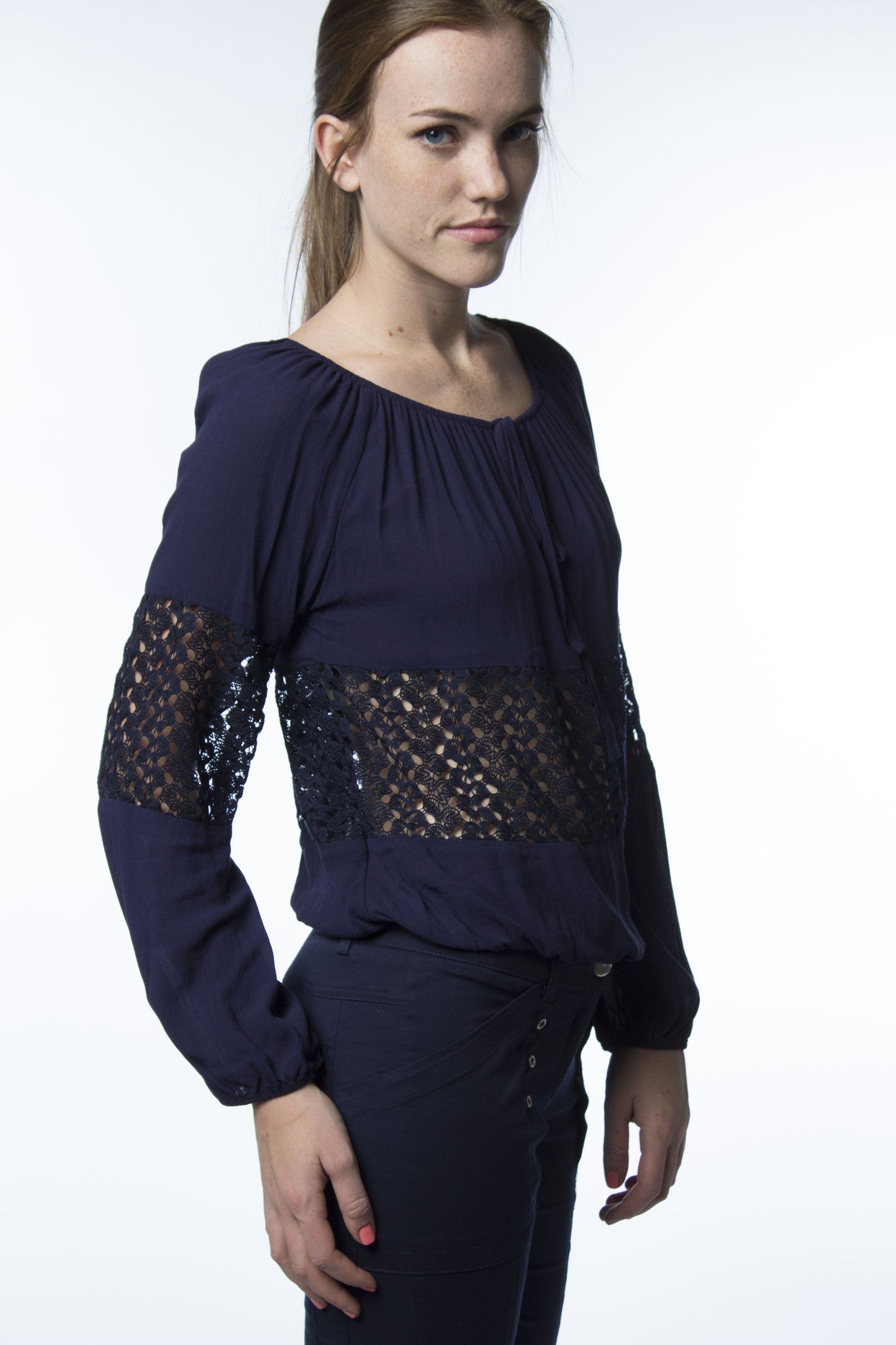 navy blue top with lace inserted panels 