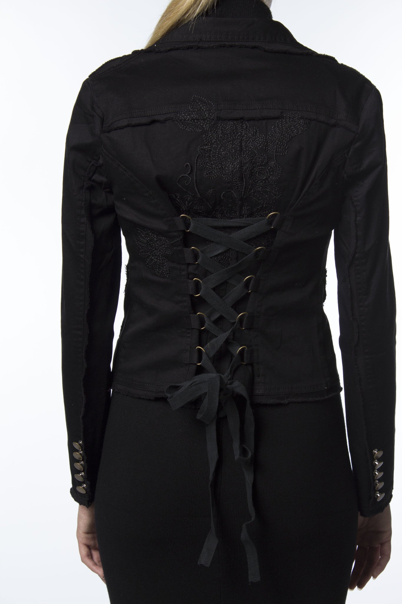 BLACK EMBROIDERED JACKET WITH BUSTIER AND LOW CROTCH PANT – Studio