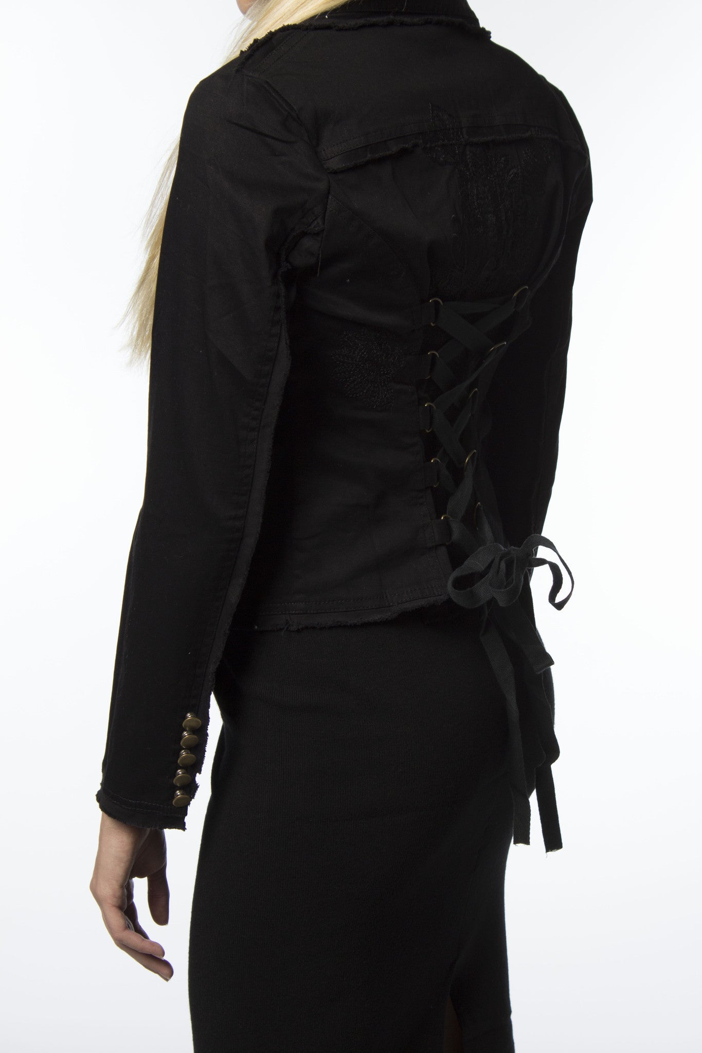 Corset Tie-Up Cotton Black Jacket, Womens Clothing and Fashion
