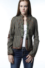 Brown Leather Trim Tailored Jacket-523