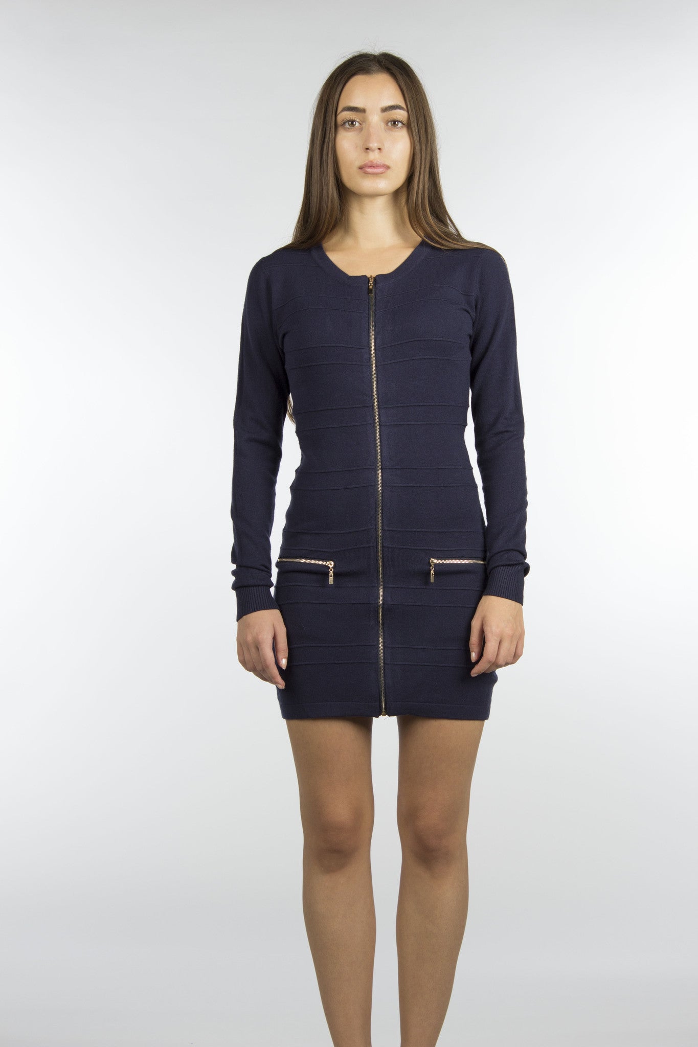 navy dress with front pockets and gold zippers