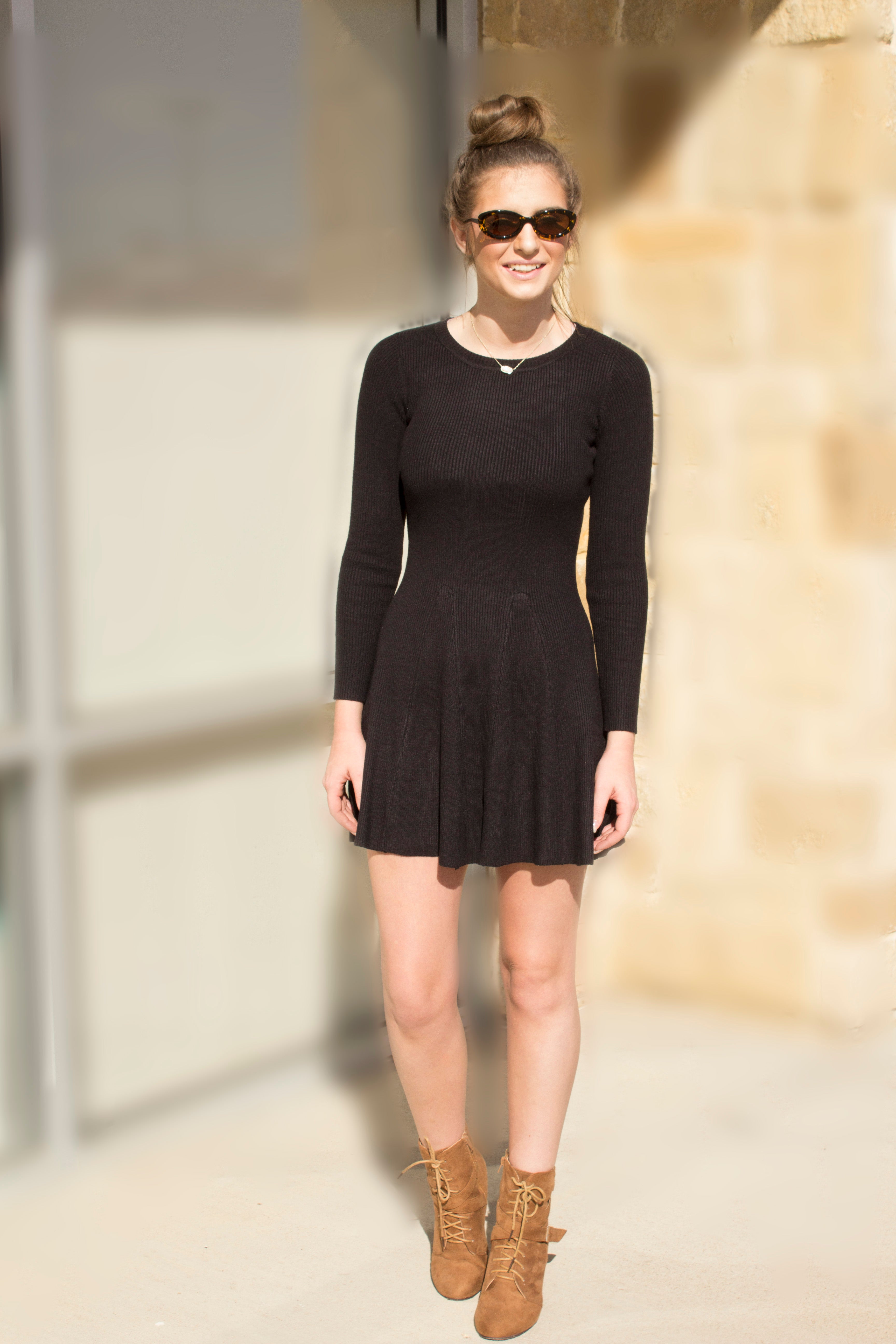 Black Fit and Flare Skater Sweater Dress-333