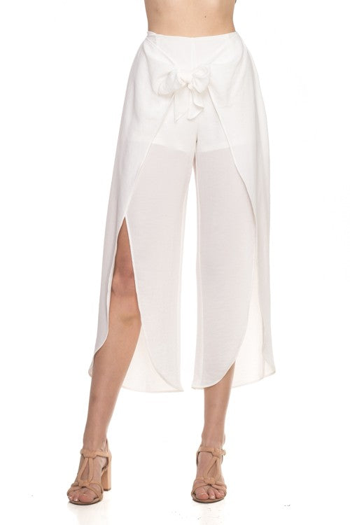 White Flowy Wrap Front Pants-185, Womens Clothing and Fashion